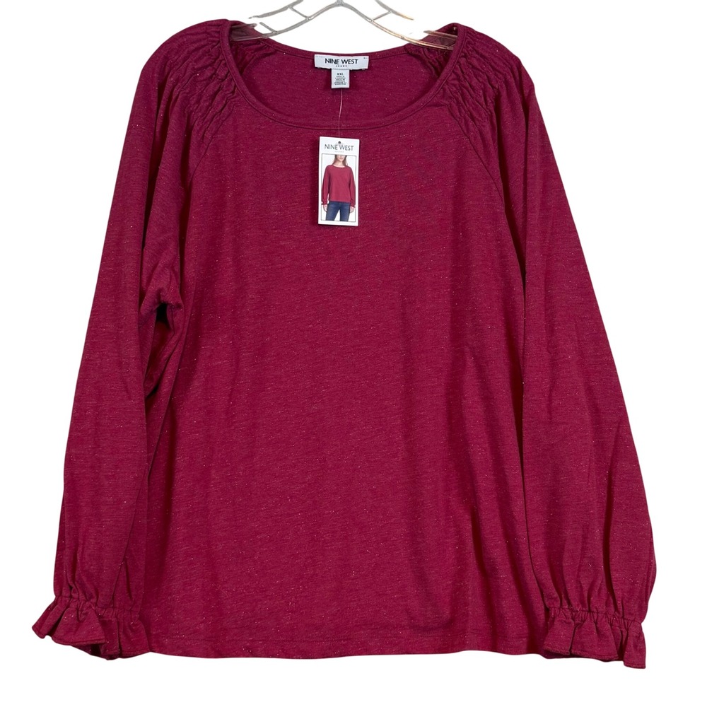 NWT Nine‎ West Jeans Anemone Silver Sparkle Shimmer Long Sleeve Ruffle Top XXL